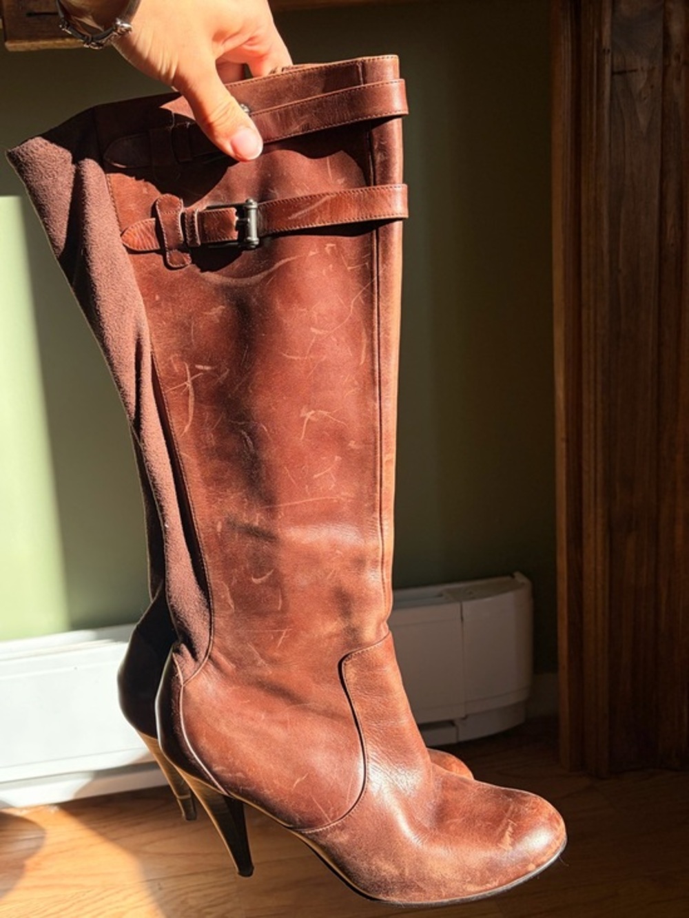 Cole Haan Nike Air Brown Leather Equestrian Knee High Heeled Boots 7.5B Riding